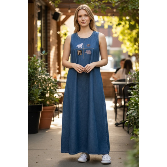 New Direction Dresses & Skirts - Women's New Direction Blue Denim Midi Dress with Animal Patches S Modest